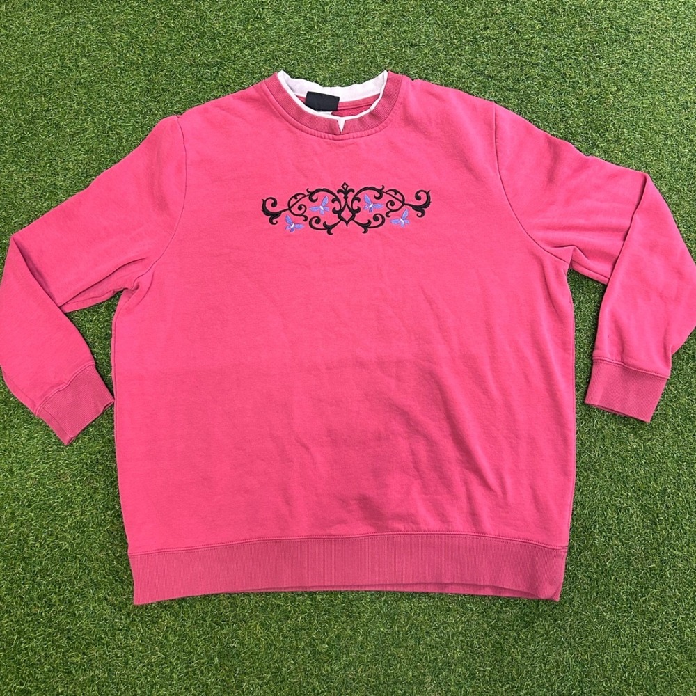 Pembrook Pink Embroidered Butterfly Scroll Crewneck Sweatshirt Mens XL